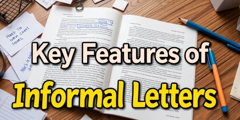 Open letter on a table with doodles and notes, featuring bold 3D text 'Key Features of Informal Letters'.