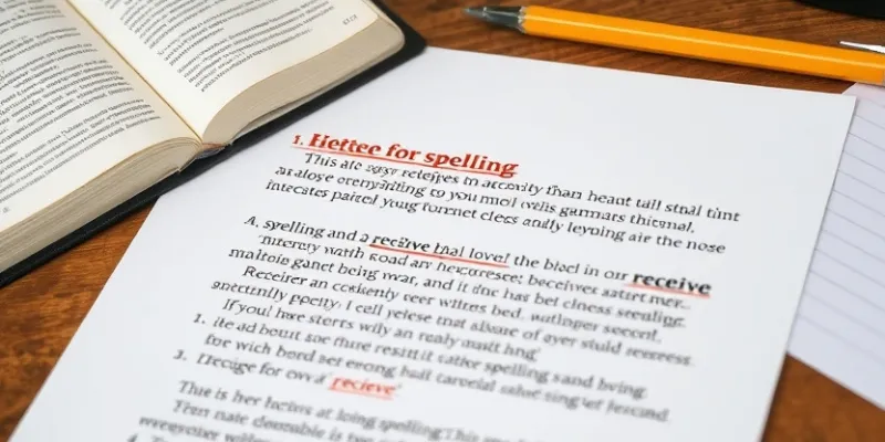 Letter showing spelling and grammar corrections with a dictionary and pencil on a desk.