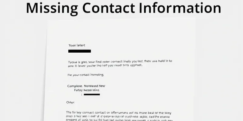 Letter missing contact information with warning sign.