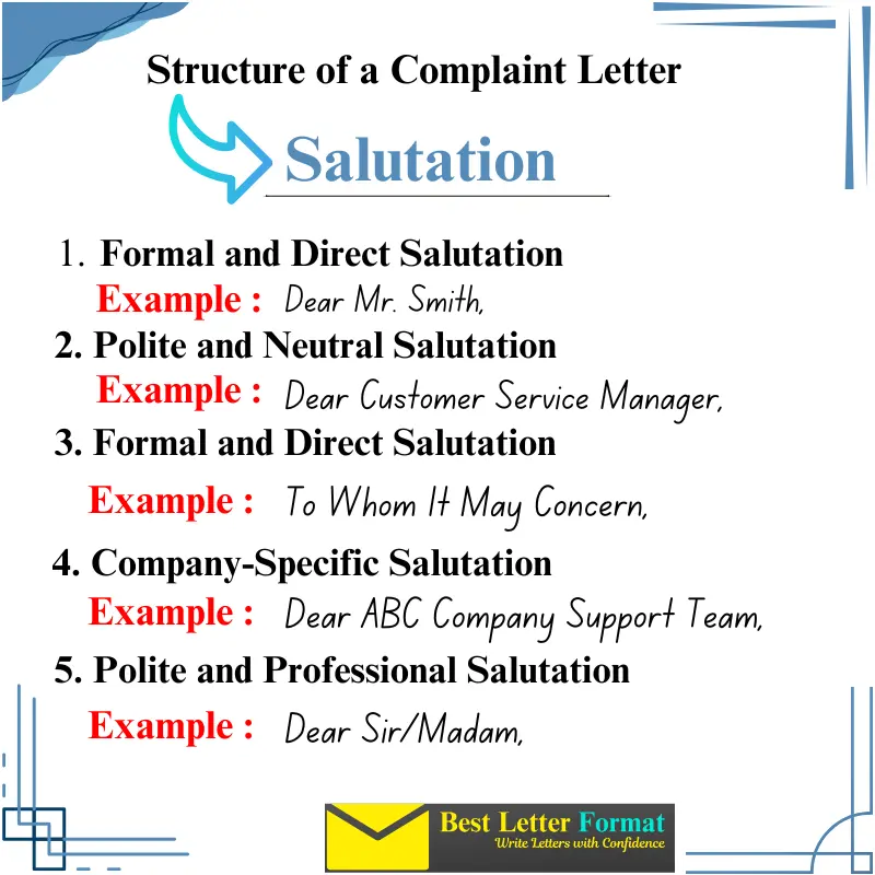 Examples of different salutations in a complaint letter, including formal, neutral, and company-specific options.