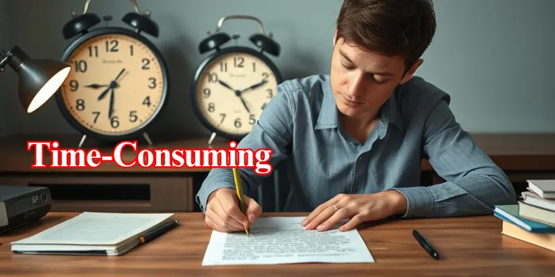 A person writing a letter while looking at a clock, symbolizing time consumption.