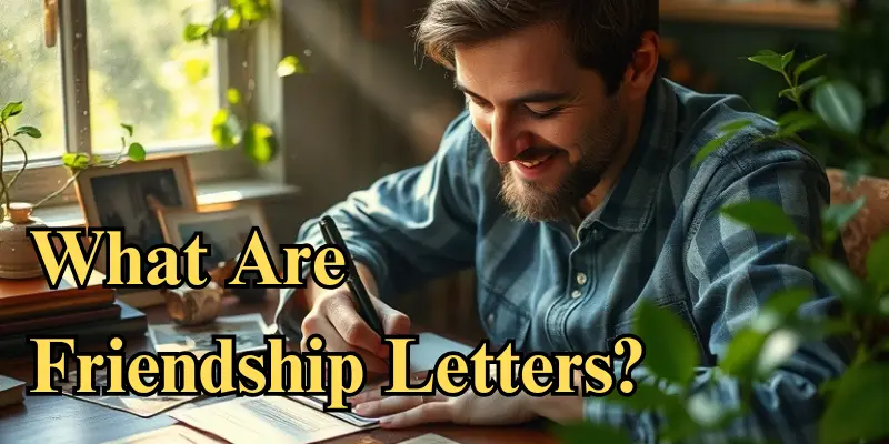 Person smiling while writing a friendship letter with keepsakes.