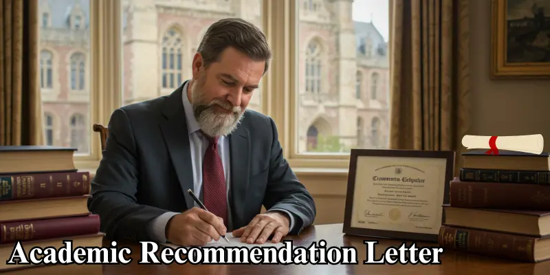 academic recommendation letter A professor writing an academic recommendation letter with a university backdrop.