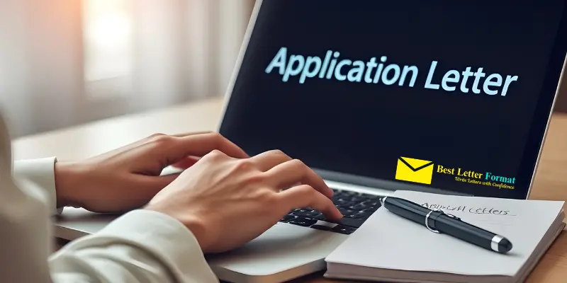 Close-up of a person typing an application letter on a laptop, with the document titled 'Application Letter' on the screen.