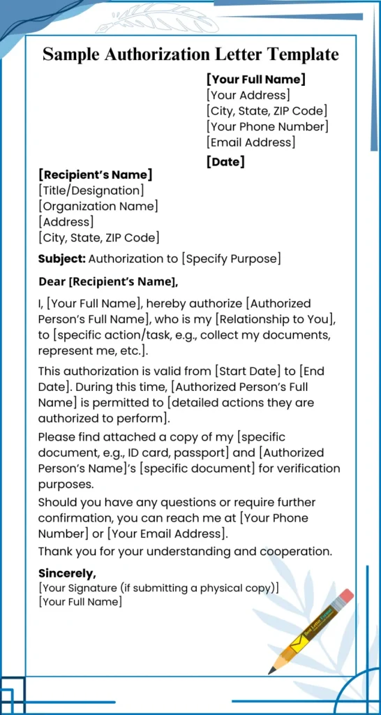 Sample authorization letter template with a professional layout, showing sections for sender and recipient details, subject, authorization details, and signature.