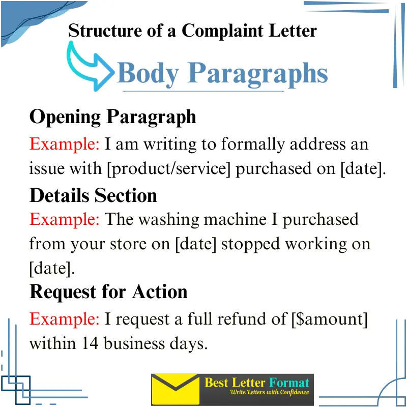 Structure of a Complaint Letter: Detailed guide on composing the body paragraphs, including examples for the opening paragraph, details section, and request for action.