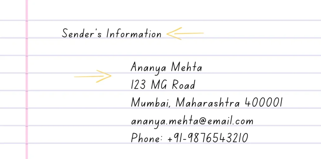 Sample sender information for a letter including name, address, email, and phone number.