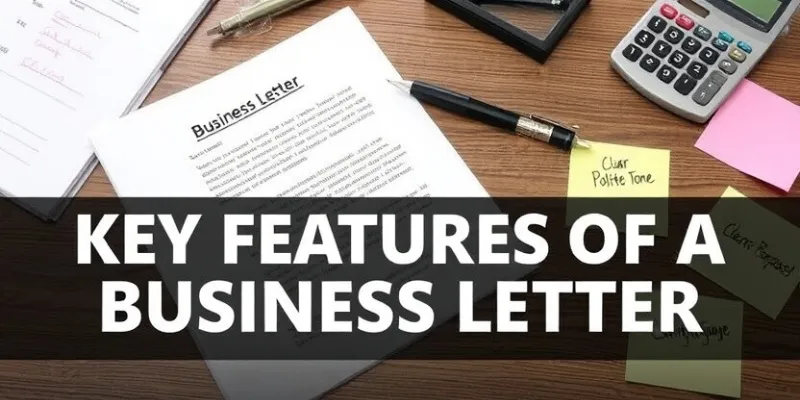 An office desk with key features of a business letter highlighted.