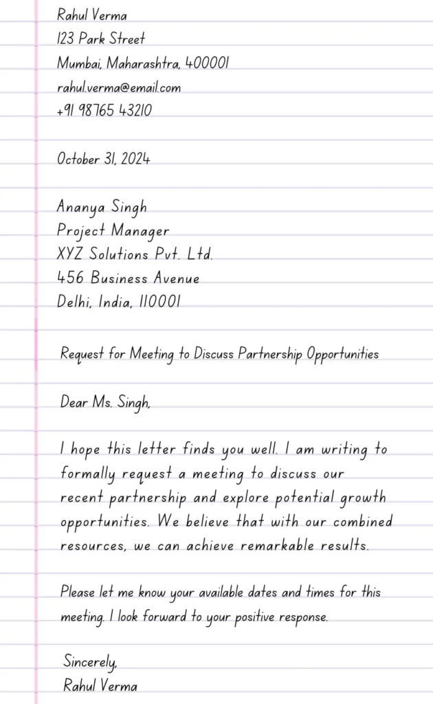 Formal business letter template with sender's and recipient's details, date, subject line, and body text.