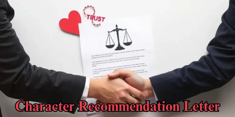 character recommendation letter A character recommendation letter with symbols of trust, integrity, and community like a heart, scale of justice, and hands shaking.