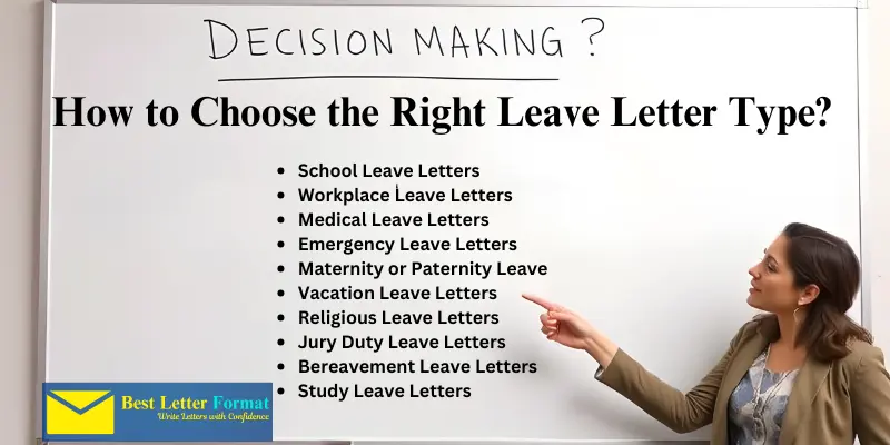 A flowchart showing options for different types of leave letters with a person choosing one.