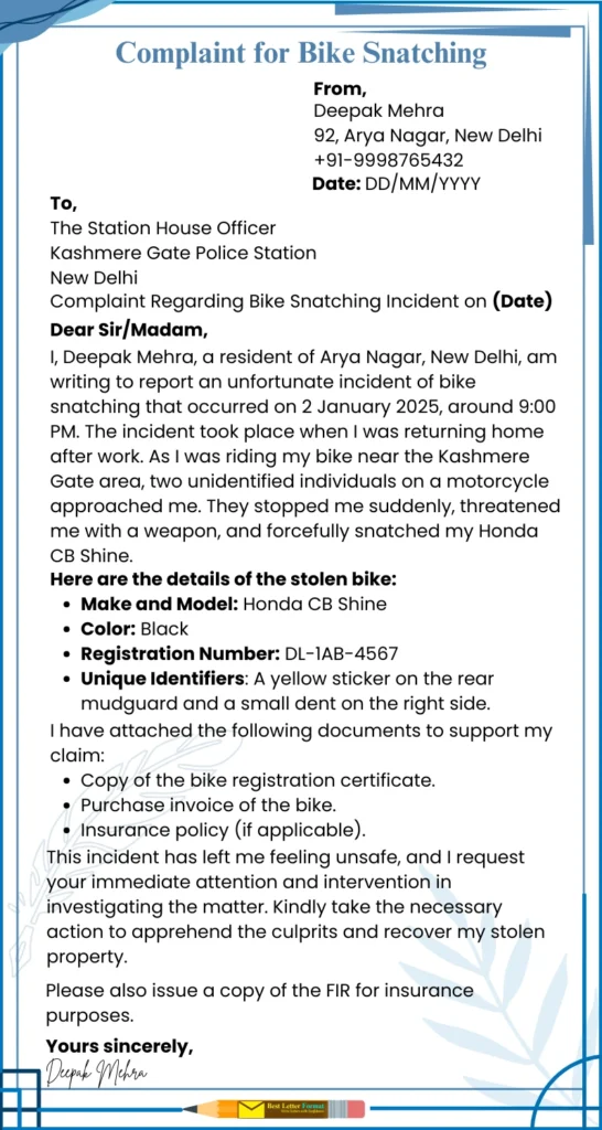 complaint for bike snatching Complaint letter for bike snatching, detailing the incident, bike information, and a formal request for police action to recover the stolen property.