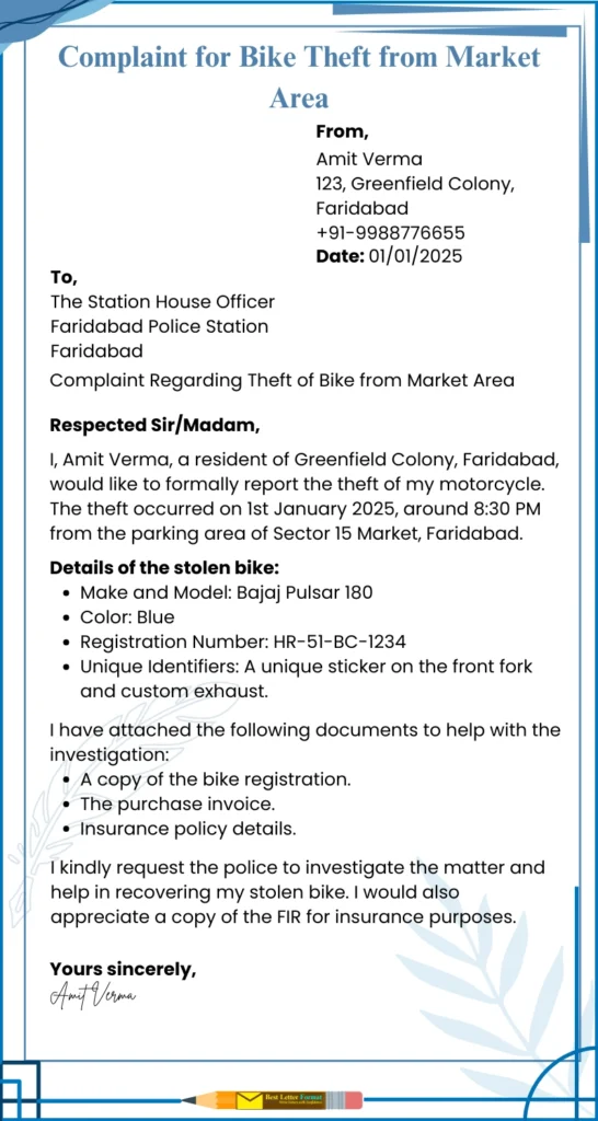 complaint for bike theft from market area Complaint letter for bike theft from a market area, including theft details, bike specifics, and a request for police investigation.