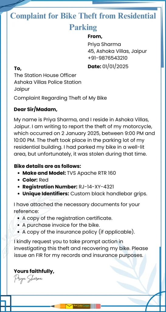 complaint for bike theft from residential parking Complaint letter for bike theft from residential parking, including victim's details, bike information, and request for police investigation.