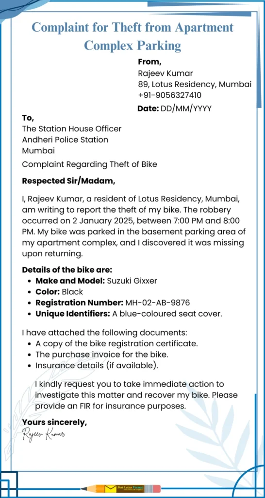 complaint for theft from apartment complex parking Complaint letter for bike theft from apartment complex parking, including theft details, bike specifics, and attached supporting documents.
