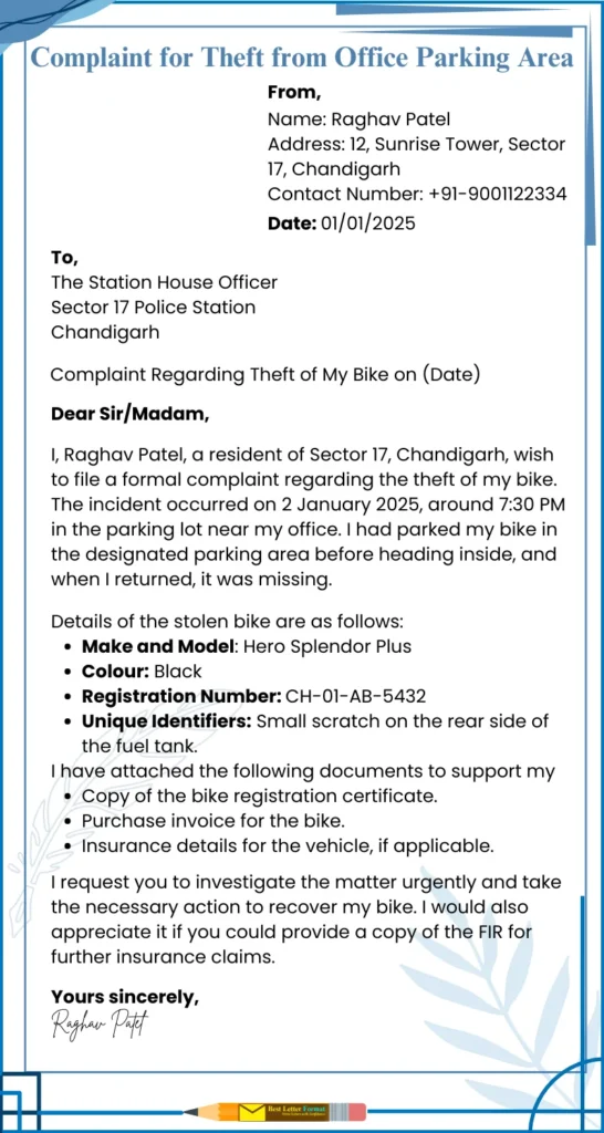 complaint for theft from office parking area Sample complaint letter for bike theft from an office parking area, addressed to the police with details of the stolen bike, incident, and attached documents.