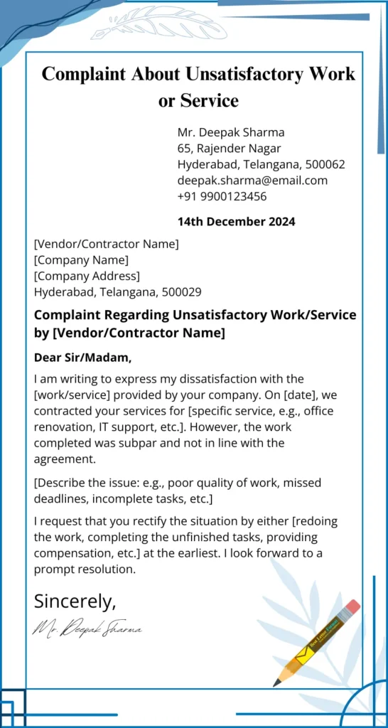 Formal complaint letter for unsatisfactory work or service with sender details, complaint description, and a request for resolution.