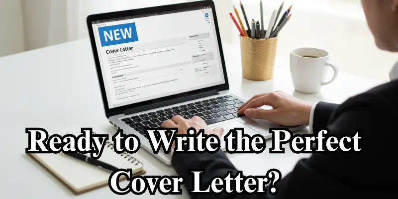 cover letter writing start Job seeker at a desk with a laptop open to a blank cover letter document, ready to begin writing.