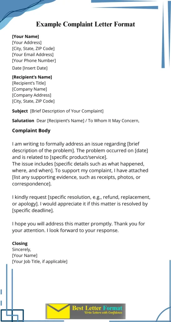 Example Complaint Letter Format with professional layout, including placeholders for sender and recipient information, subject line, complaint body, and closing signature.