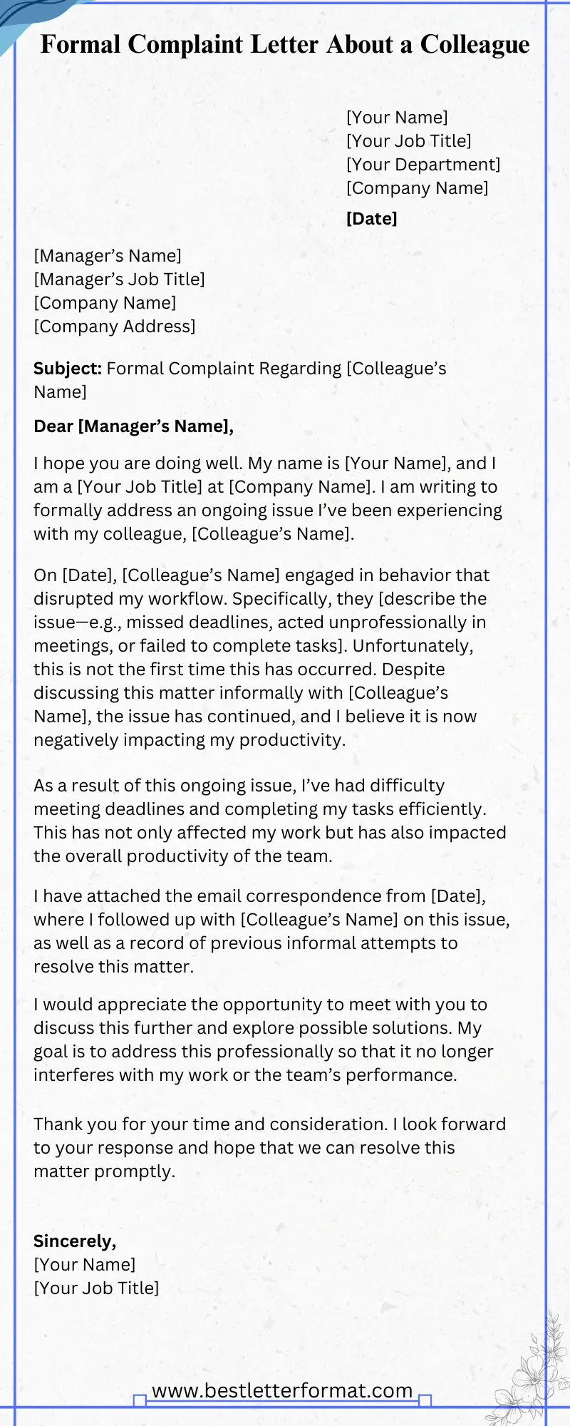 formal complaint letter template 1 Template for a formal complaint letter about a colleague with placeholders for personal details.