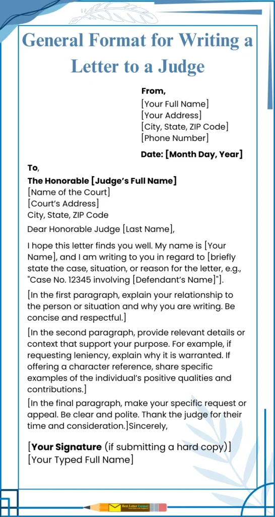 general format letter to judge template Example of a general letter format for writing to a judge, including sections for sender details, respectful salutation, and structured paragraphs.