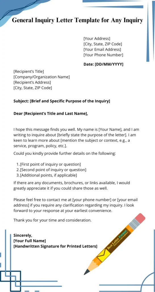 General inquiry letter template with placeholders for sender's information, recipient details, subject, body, and closing signature in a professional layout.