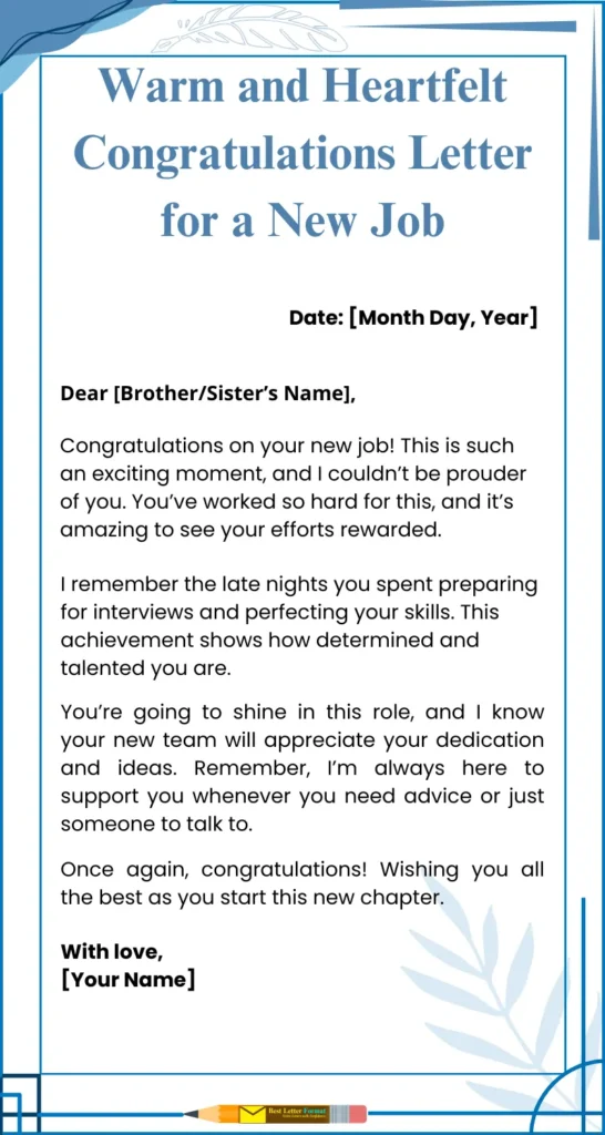 heartfelt congratulations letter new job sibling Warm and heartfelt congratulations letter to sibling for starting a new job.