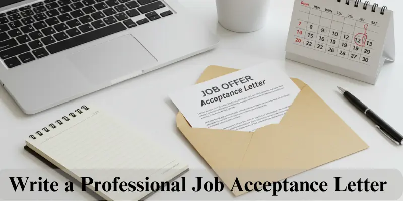 how to write job acceptance letter guide Job acceptance letter on a clean desk with a laptop, notebook, and calendar highlighting start date.