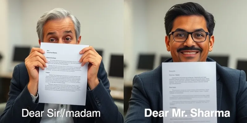 Incorrect and correct salutation in letter writing. 'Dear Sir/Madam' vs. 'Dear Mr. Sharma'.