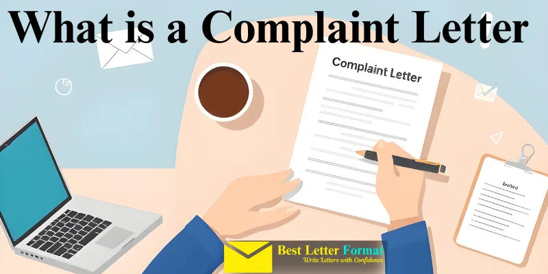 Illustration of a person writing a complaint letter at a desk with communication icons in the background.