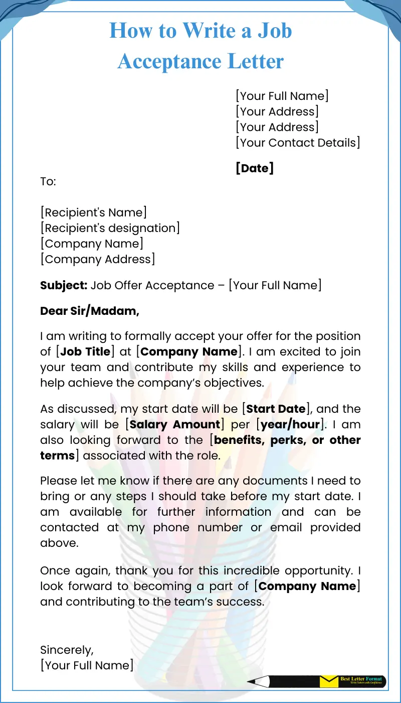 job acceptance letter template sample Professional job acceptance letter sample template showcasing proper format and structure.