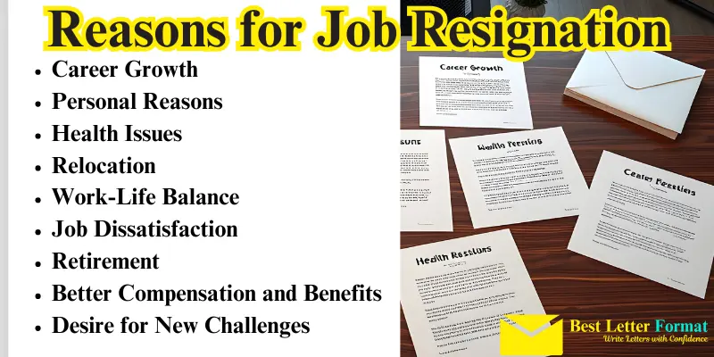 job resignation reasons infographic An infographic showing reasons for job resignation, with bullet points listing reasons on the left and a table with scattered letters on the right, symbolizing complexity in career decision-making.