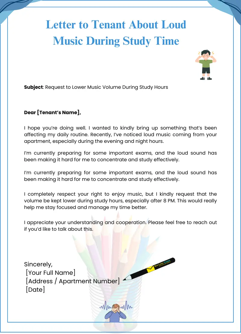 letter to tenant loud music study time template Sample letter requesting upstairs tenant to lower loud music during study hours