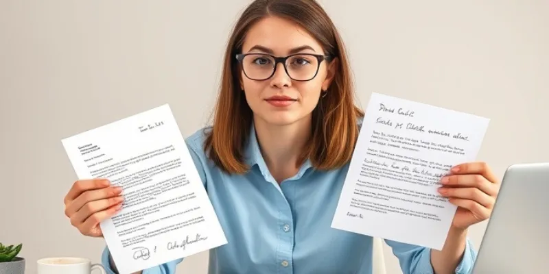 A professional woman holding three types of letters—formal, informal, and semi-formal—with a clear focus on her face.