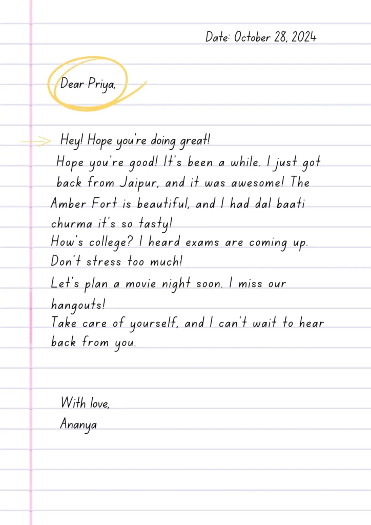 A handwritten letter on lined paper dated October 28, 2024, from Ananya to Priya discussing travel experiences and making plans