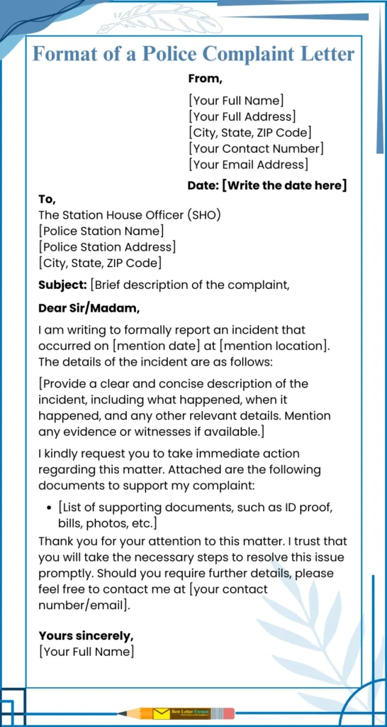 police complaint letter format image Formal format of a police complaint letter, showcasing sections for sender's details, recipient's details, subject, body text, and closing.
