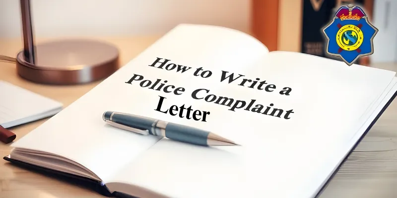police complaint letter intro image Notebook with 'How to Write a Police Complaint Letter' written, a pen, and a police emblem on a professional desk.