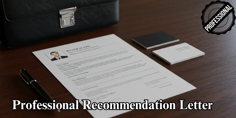 professional recommendation letter A professional recommendation letter with a briefcase, resume, and business card on a desk.