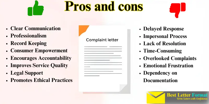 Pros and cons of complaint letters, showing benefits and challenges.