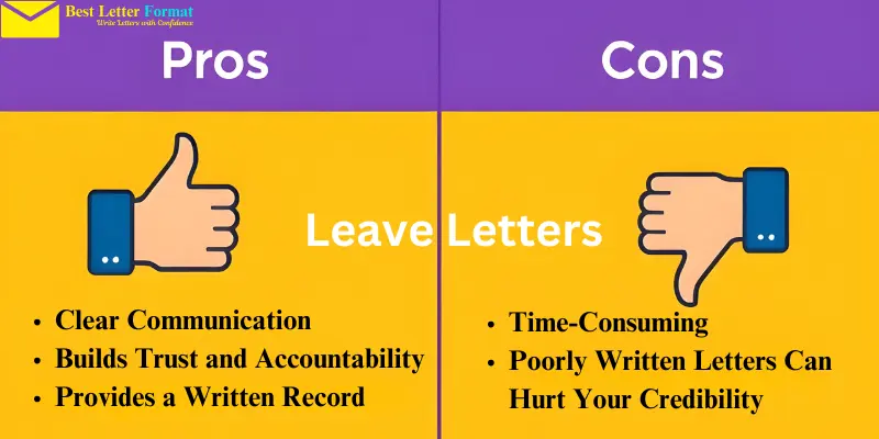 Split-screen image showing pros and cons of writing a leave letter with icons and labels.