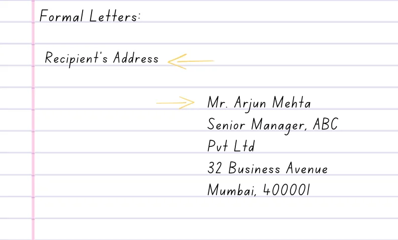 Recipient's address format in formal letters.