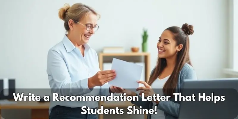 recommendation letter intro Teacher handing a recommendation letter to a smiling student in a classroom setting.