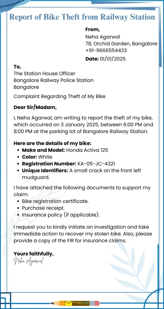 report of bike theft from railway station Formal complaint letter reporting bike theft from a railway station, including bike details, theft description, and attached supporting documents.