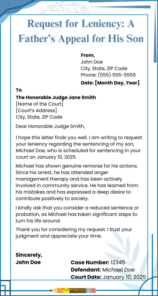 request for leniency letter to judge Sample letter to a judge requesting leniency, featuring a formal layout with headings, sender's details, and case information.
