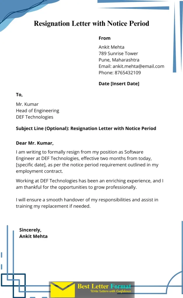 Resignation letter format with notice period, including sender and recipient details, subject line, and a formal resignation message.