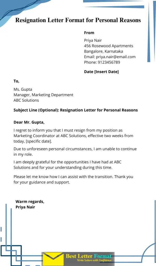 Resignation letter format for personal reasons with sender and recipient details, a polite resignation message, and a professional layout.