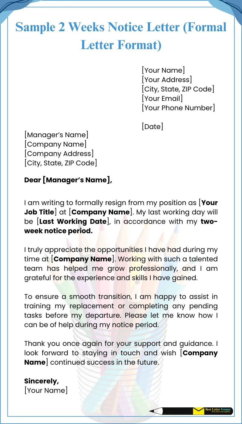 sample 2 weeks notice letter formal Sample 2 weeks notice letter template with professional layout.