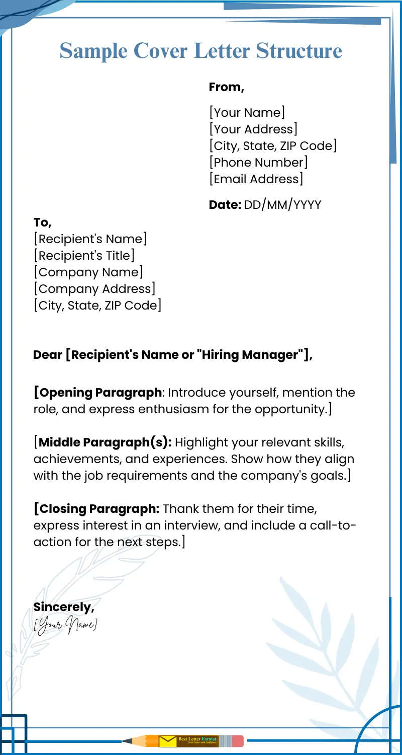 sample cover letter structure template Sample cover letter structure with sections for contact information, opening paragraph, middle paragraphs, and closing statement.
