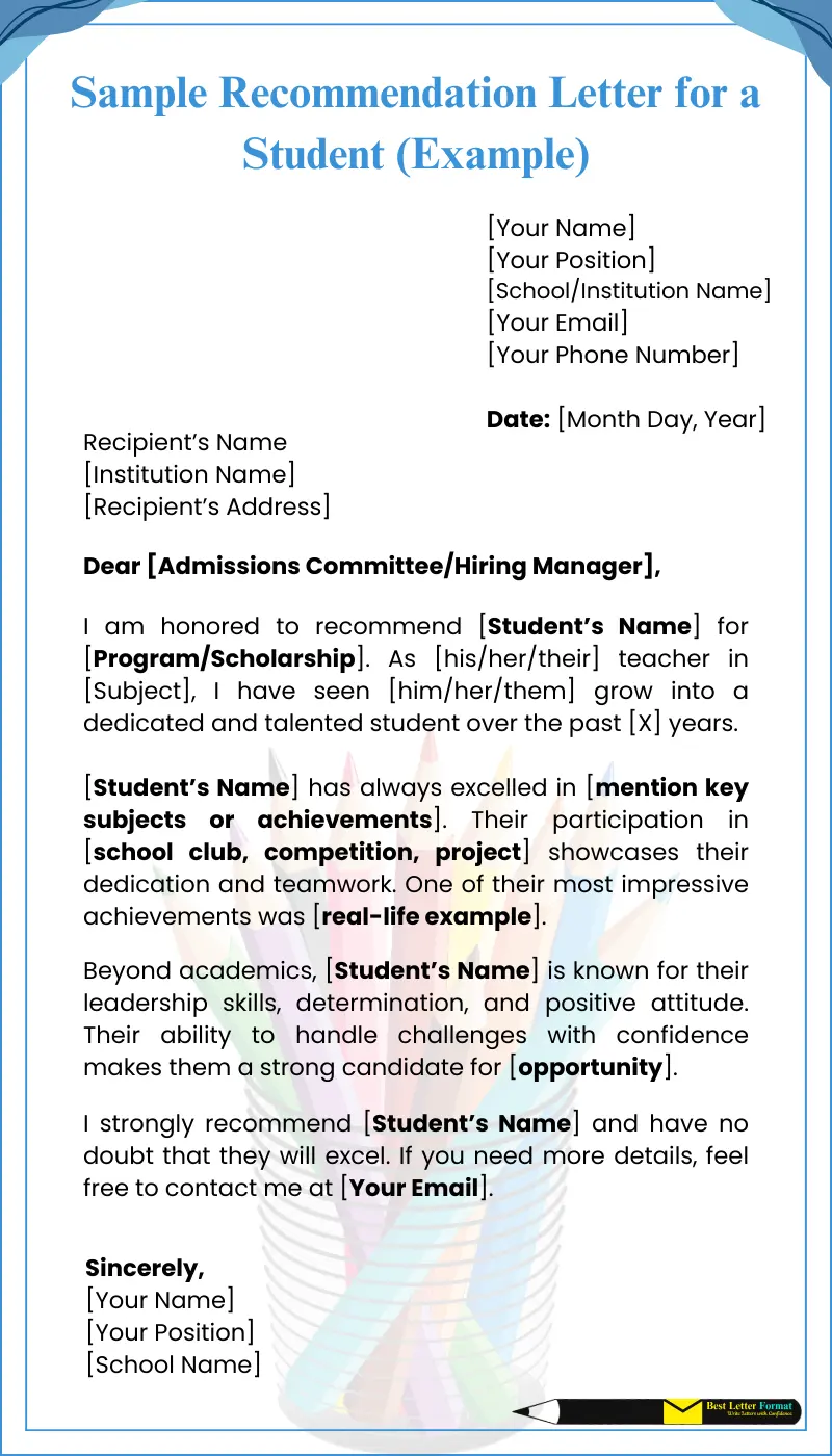 sample recommendation letter student Sample recommendation letter for a student, showcasing a professional format and structure for teachers or mentors.