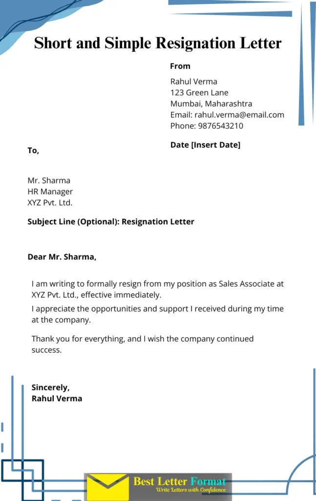 Short and simple resignation letter format with a professional layout, including sender and recipient details, subject line, and polite resignation message.